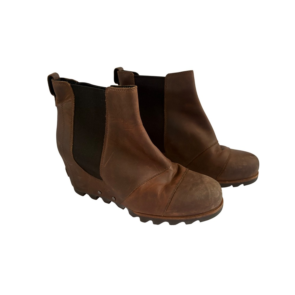 Sorel Joan of Arctic Wedge II Chelsea Boots Brown Leather Ankle Wedge Womens 8